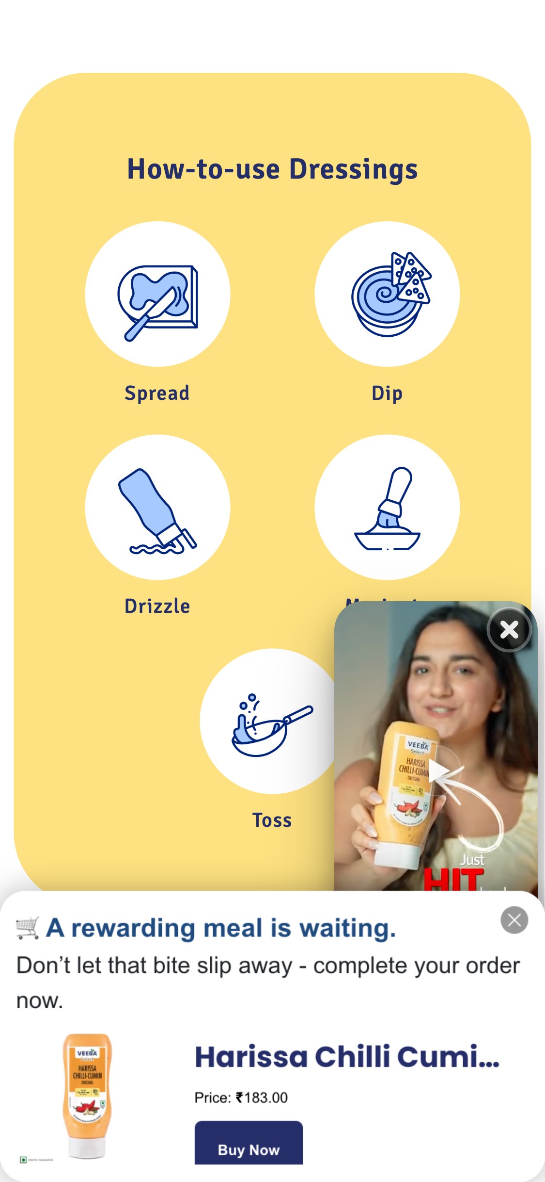 Veeba PDP — How-to-use section (icons only, no recipes)
